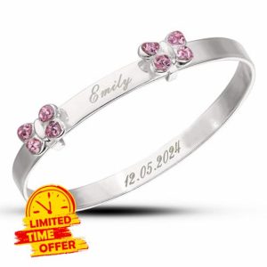 DV DOLCE VALENTINA Personalised Silver Baby Bangle with Butterflies and Pink Zirconia – Custom Name & Date Inside | Perfect for Baptism