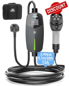 EVDANCE EV Charger Type 2 UK 3 Pin 20ft/6.1m [6/8/10/13A] Portable Electric Car Charger for EV & PHEV