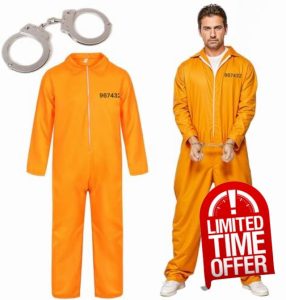 The Fancy Dress Unisex Mens Prisoners Convict Costume With Hand Cuffs - Adults Womens orange prison Overall jumpsuit Halloween Costumes UK