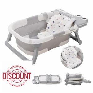 Baby Bathtub Foldable Baby Bath Tub Collapsible Baby Bath Essentials for Newborn with Thermometer Bath Support Cushion Non-Slip Soft Mat Portable Travel for Infant Toddlers 0-36 Months Grey Crocodile