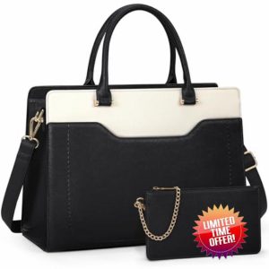 RAINSMORE Laptop Tote Bags for Women 15.6 Inch Designer Ladies Leather laptop handbags Waterproof Briefcase with Clutch Bag for Work School Business Black+White
