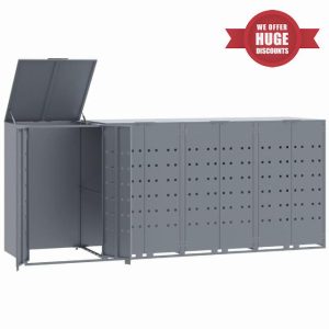 idaXL Wheelie Bin Storage for 4 Bins - Grey Steel - Front Doors with Magnetic Closure - Ventilated Panels - Gas-Spring Lid - Assembly Required - 276x79x117 cm