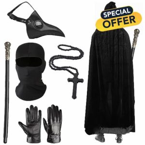 Maazusa Plague Doctor Costume Men's Plague Doctor Outfits Plague Doctor Mask Sets with Black Hooded Cape/Shawl for Halloween World Reading Day Cosplay