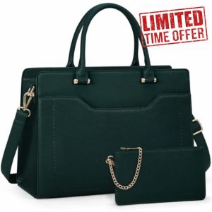 RAINSMORE Laptop Tote Bags for Women 15.6 Inch Designer Ladies Leather laptop handbags Waterproof Briefcase with Clutch Bag for Work School Business Gree