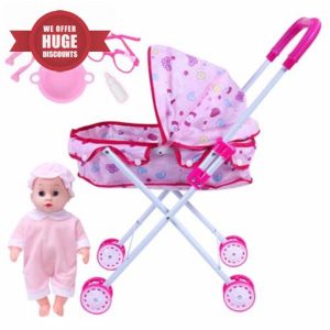 Hperu Doll Stroller Set Iron Portable Baby Doll Stroller with 10" Sound Doll Realistic Doll Stroller Set Includes Doll for Pretend Play Role Play