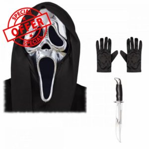 Adult Official Scream Ghost Face Silver Chrome Mask with Hood + Black Gloves + Bowie Knife : Mens Womens Unisex Halloween Horror Film Fancy Dress Accessory Se