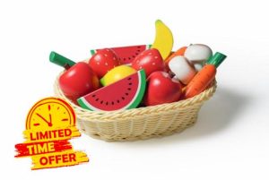 Hooga Wooden Play Food Set with Basket - 20 Pieces of Fruits & Vegetables - Kitchen Accessory Playfood for Role Play - Toddler Development Toys