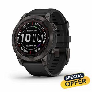 Garmin Fenix 7 Sapphire Solar with Silicone Strap DLC-Titanium Black/Black (Renewed)