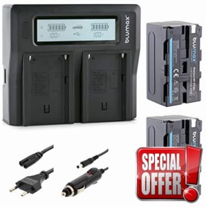 2 x Blumax Battery NP-F750 / NP-F550-5200 mAh + Dual LCD Charger Compatible with Sony NP-F570 NP-F970 NP-F990 for Flashes Video Lights Field Monito