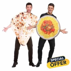 1 x Tikka Masala Costume + 1 x Naan Bread Costume : Adult Couples Friends Indian Food Curry Theme Stag Novelty Fancy Dress Costumes