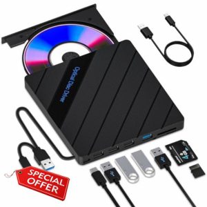 8-in-1 External CD DVD Drive for Laptop USB 3.0 Type-C Slim Portable Player CD DVD RW Burner Writer Reader with SD/TF Slot & 4 USB Ports