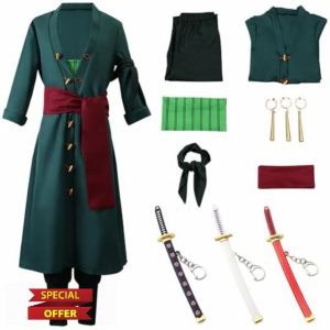 Suffolly Zoro Adult Costume Dark Green Costume with Accessories Anime Character Cosplay Halloween Party Outfit for Men Full Se