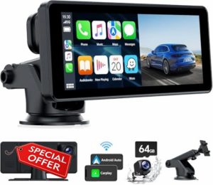 LAMTTO Portable Car Stereo for Wireless Carplay with 2.5K Dash Cam Front and Rear