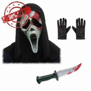 Adult Official Scream Ghost Face Bloody Bling Mask with Hood + Black Gloves + Bling Knife : Mens Womens Unisex Halloween Horror Film Fancy Dress Accessory Se
