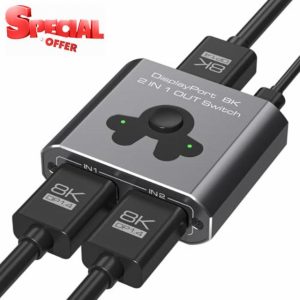 PVBCTCSID 8K DisplayPort Switch 2 In 1 Out 4K@144Hz Display Port Switcher DP 1.4 Switcher for Monitors TVs PCs Laptops Projectors etc(Unidirectional)