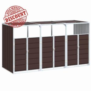 idaXL Wheelie Bin Storage for Triple Bins - Brown Steel Garden Trash Cover with Ventilation and Efficient Lid Mechanism - Expandable Design 216x81x115cm