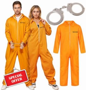 The Fancy Dress Unisex Mens Prisoners Convict Costume With Hand Cuffs - Adults Womens orange prison Overall jumpsuit Halloween Costumes UK