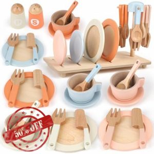 Wooden Tea Set for Toddlers Toy Kitchen Accessories 27 PCS Kids Pots Pans Playset Wooden Play Food for Toddlers Baby Montessori Toys for 1 2 3+ year old