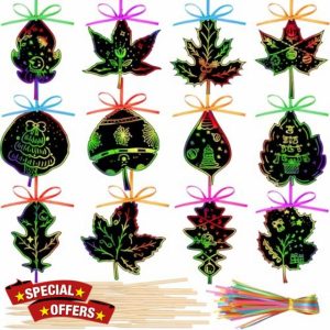Qilery 120 Pcs Scratch Fall Leaves Colorful Scratch Leaves Rainbow Autumn Leaf Scratch Paper Art Craft Kits with Ribbons and Wooden Stylus for Thanksgiving Harvest Party Deco