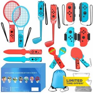 16-in-1 Compatible with Nintendo Switch Accessories Compatible with Switch Sports Game Tennis Racket Golf Table Tennis Wrist Leg Strap Sports Game Accessories Sets for Family/Friends Party Game