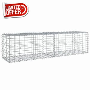 idaXL Galvanized Gabion Basket with Cover 200x50x50 cm - Heavy Duty Rust-Resistant Wire Cage for Garden