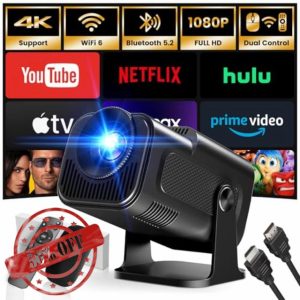 2025 Mini Projector 1920 * 1080P 4K Support Portable Projector with WiFi and Bluetooth 180° Adjustable Auto Keystone Miracast Airplay HDMI/TV Stick/USB/PS5/Laptop