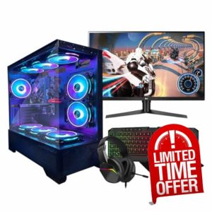 ComputeK Gaming PC• Intel Core i7• GTX1650 4GB Graphics Card • 16GB RAM • 256GB SSD+1TB HDD • 500W 80+ PSU• WiFi • Windows 11• Black 9 Fan RGB Gaming Case • 22” Monitor Bundle
