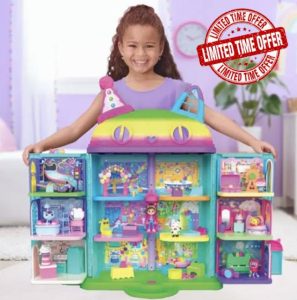 RZHomestore Gabby’s Dollhouse 60+ Piece Mega Set Celebration Doll House Rainbow-Themed with Sounds & Music + 6 Deluxe Rooms + 5 Gift Tags
