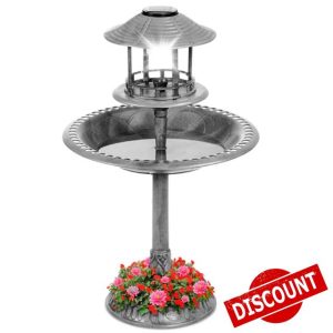 Gr8 Garden Grey Plastic Pedestal Free Standing Wild Bird Bath Outdoor Garden Feeder Feeding Table Station Plant Flower Planter Statue Ornament With Solar Power Lamp Ligh