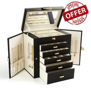 KAMIER 6-Tier Large Jewelry Box for Women – Elegant Black Organizer with Mirror & 5 Drawers for Rings