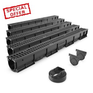 Vodaland EASY 1 Slim Plastic channel drain kit with plastic grating - load class A15 (5 Pack)