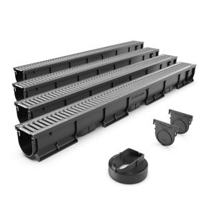 Vodaland EASY 1 Slim Plastic channel drain kit with galvanised steel grating - load class A15 (4 Pack)