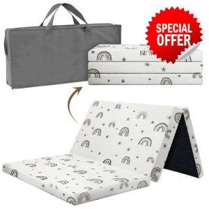 Trifold Travel Baby Mattress Topper 95 x 65cm – Soft & Breathable Portable Foam Crib Mattress for Travel