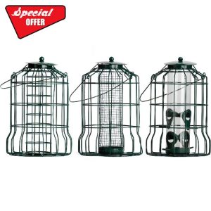 Squirrel Proof Bird Feeders For Seeds Fatballs Suets and Peanuts Green made from Metal can be hung from trees and feed stations - 3 pack by Jamieson Brothers
