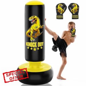 JUOIFIP Kids Boxing Bag - 160 cm Freestanding Punching Bag Set with Boxing Gloves - Ferocious Dinosaur Sports inflatable kickboxing bag for Training Karate Taekwondo MMA- Yellow