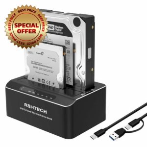 RSHTECH Hard Drive Docking Station Aluminum USB-C/USB 3.0 to SATA Dual Bay Hard Drive Dock for 2.5 or 3.5 inch HDD SSD