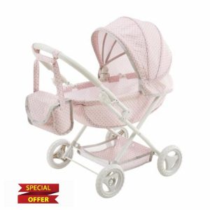 Olivia's Little World Polka Dot Princess Baby Doll Pram Stroller with Retractable Canopy & Storage
