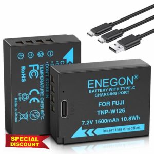 ENEGON NP-W126/W126S USB-C Direct Charge Replacement Batteries 1500mAh (2-Pack) with 2-in-1 USB-C Charging Cable for Fuji Fujifilm FinePix X100F X100V X100VI HS30EXR HS35EXR HS50EXR