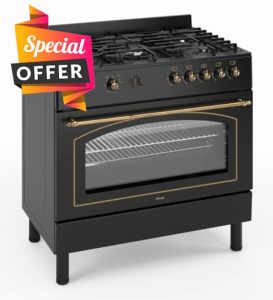 Ferre F9H50GF-BL-RETRO 90cm Gas Range Cooker With Double Turbo Fan & 5 Burner(1 Wok) Gas Hob - Black            [Energy Class A]