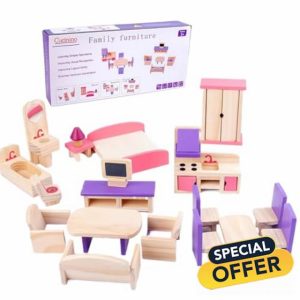 Wooden Dollhouse Furniture Set 15Pcs/Set Cute Mini Dollhouse Furniture Simulation Wooden Dollhouse Accessories Pretend Play Furniture Toys Gifts