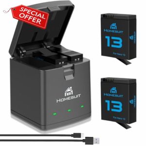Homesuit Hero 13 Battery 2100mAh and LED 3-Slot Storage Charger for GoPro Hero 13 Black Enduro Rechargeable Battery with Type-C PD3.0 PD2.0 (2-Pack)