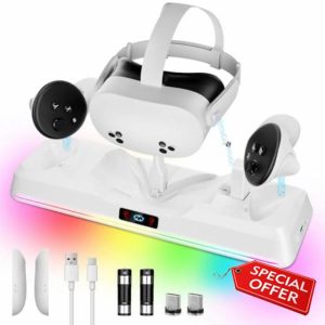 LYtech Charging Dock for Meta Quest 3S VR Charging Dock Stand for for Oculus/Meta Quest 3S Magnetic Charging Station for VR Headset & Controllers Quest 3S Accessories with RGB 2 Rechargeable Batteries