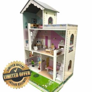 Jumini Wooden 3-Storey Dolls House – Stylish Open-Plan Dollhouse with Furniture