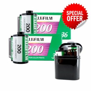 35mm Film Camera Bundle: includes 2 rolls of Fujifilm Fujicolor Fuji Colour 35mm film and a Twin 35mm Film Tub