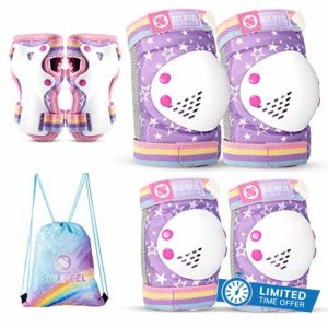 SULIFEEL Shiny Knee Pads for Kids Knee Elbow Pads Wrist Guards for Girls Boys Adjustable Protective Gear Set with Drawstring Bag Rainbow Unico