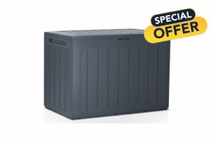 Stolmet Garden Storage Box 190 and 280 Litre Boardebox Effect | Plastic Outdoor Patio Parcel Tool Chest Log Store | Lockable Water-Resistant Weatherproof | Anthracite and Brown (Anthracite