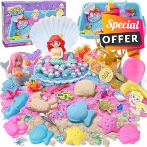 amei Play Sand for Kids Mermaid Toys Mermaid Sandbox Kit with 900g Magic Sand &Sea Animals Figures &Shell &Treasure Chest & Sensory Toys Christmas Birthday Gift for Girl Toddler Ages 3 4 5 6 7 8
