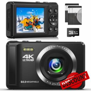 4K 64MP Digital Camera - Autofocus UHD Compact Camera - Rechargeable Vlogging Camera with 32GB Card & 2 Batteries