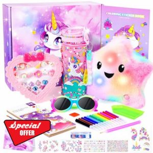 39PCS Unicorns Gifts for Girls Kids Toys 3 4 5 6 7 8 9 10 Years Old-Decorate Your Water Bottle Kits for Girls/Light Up Star Pillow Unicorn Diamond Painting Toys Gifts for Girls Birthday Christmas