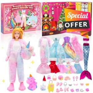 Advent Calendar 2024 with Doll Accessories Toys: 24 Days Countdown Christmas advent calendar Princess & Unicorn Doll Toys Dress Up Clothes Set for Kids Girls Christmas stocking fillers Christmas Gifts